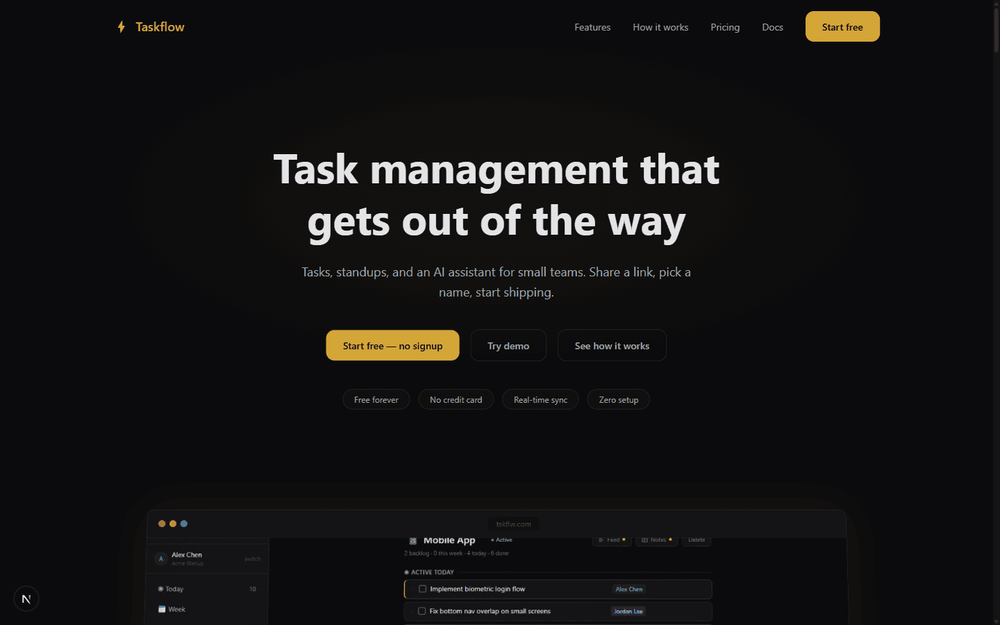 Taskflow app showing Today View with tasks and projects
