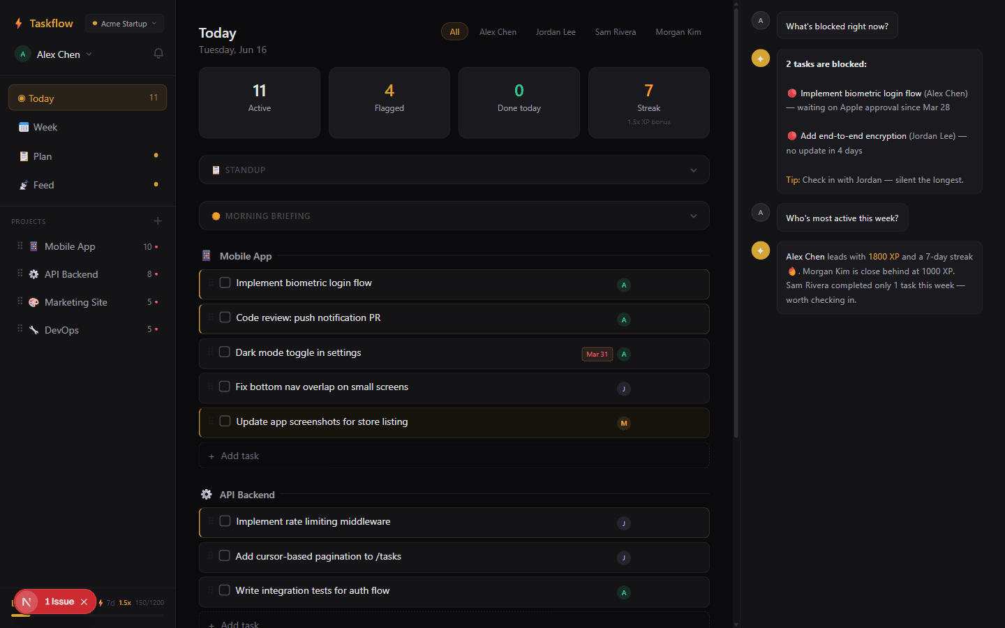 Copilot side panel answering a question about project blockers with tool-call chips