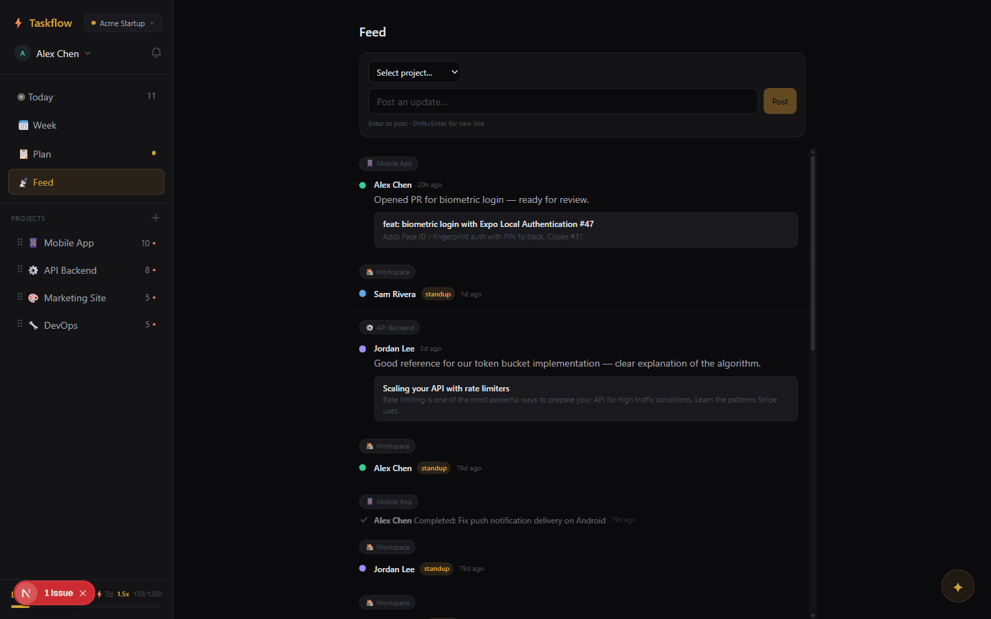 Team activity feed with standups, task completions, and health indicators