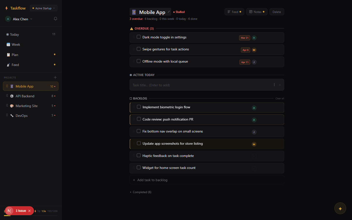 Project view showing today, backlog, and done columns with a notes panel.