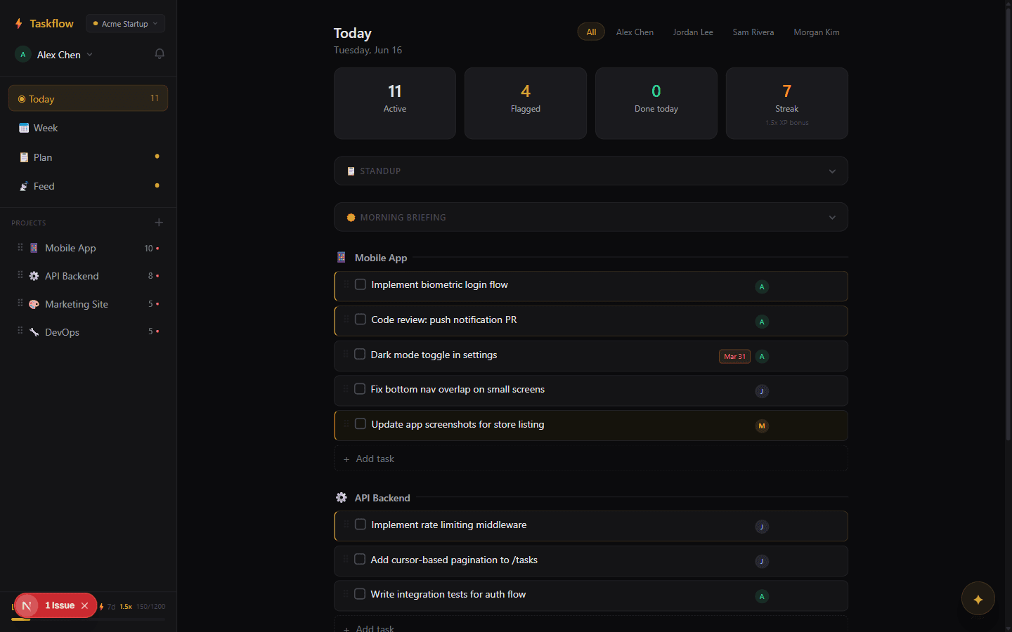 Today view showing active tasks grouped by project.