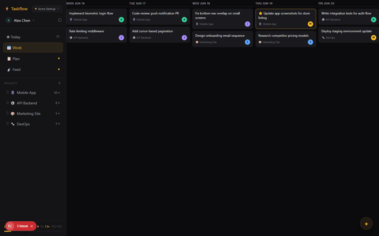 Week View with tasks distributed across weekdays